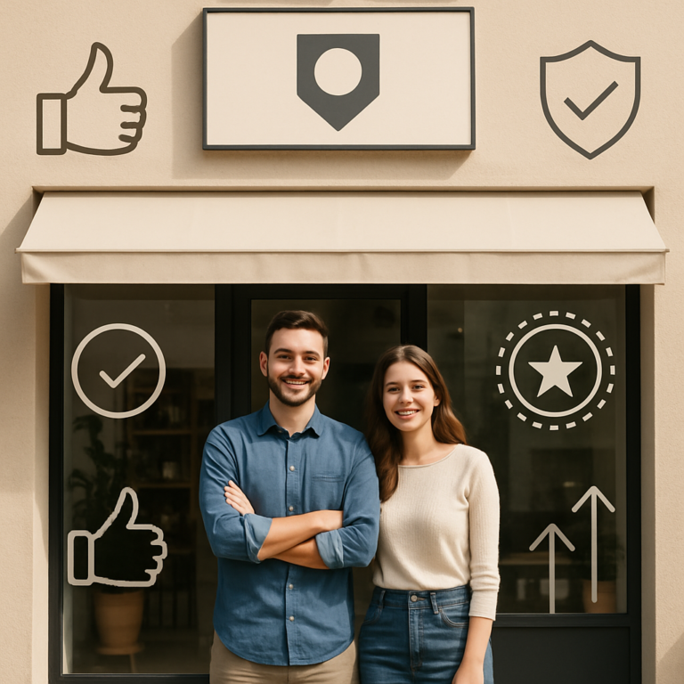 Petite entreprise avec logo et clients satisfaits illustrant l'image de marque