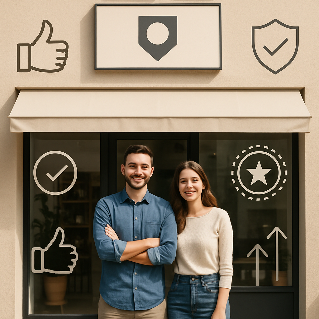 Petite entreprise avec logo et clients satisfaits illustrant l'image de marque