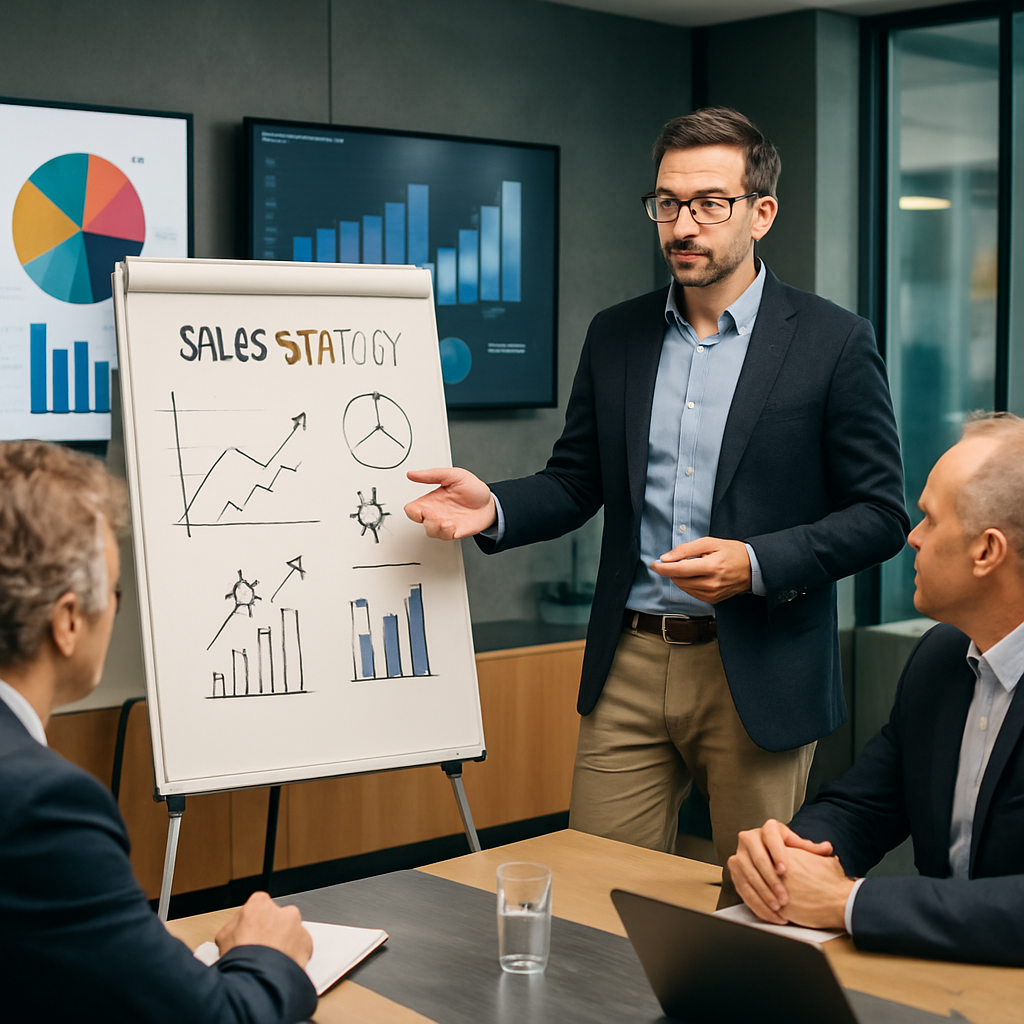 Consultant marketing présentant une stratégie commerciale aux dirigeants de PME
