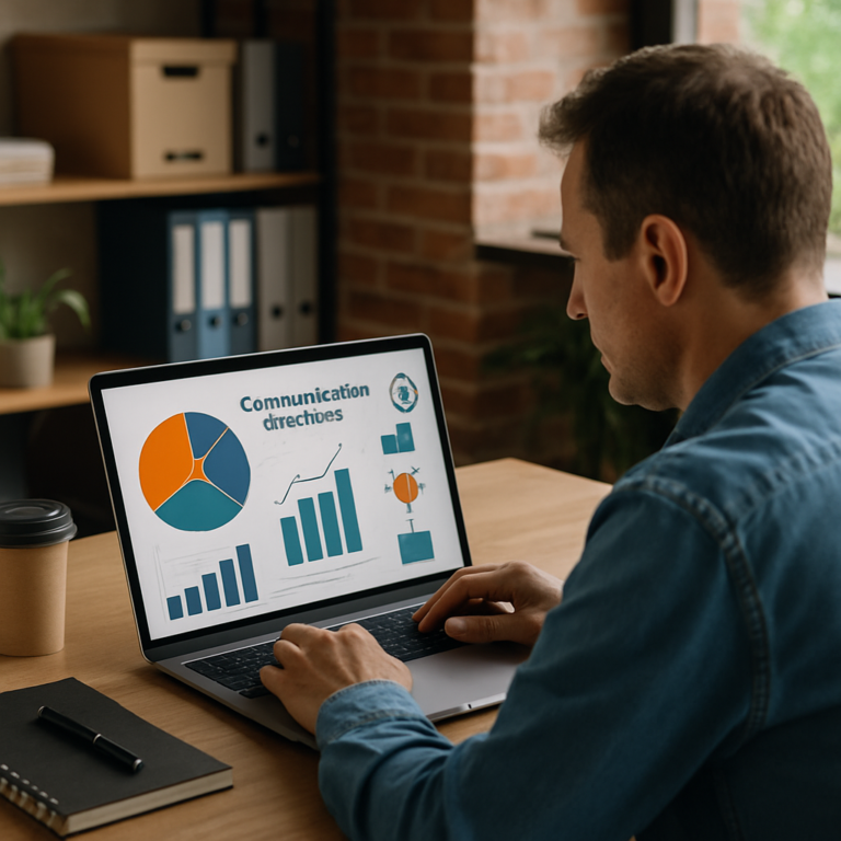 Dirigeant de petite entreprise analysant des objectifs de communication sur un ordinateur