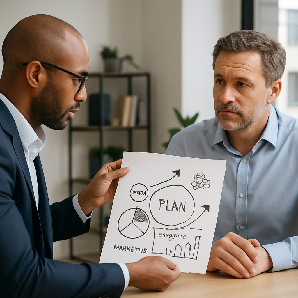 Consultant marketing présentant une stratégie à un dirigeant de PME