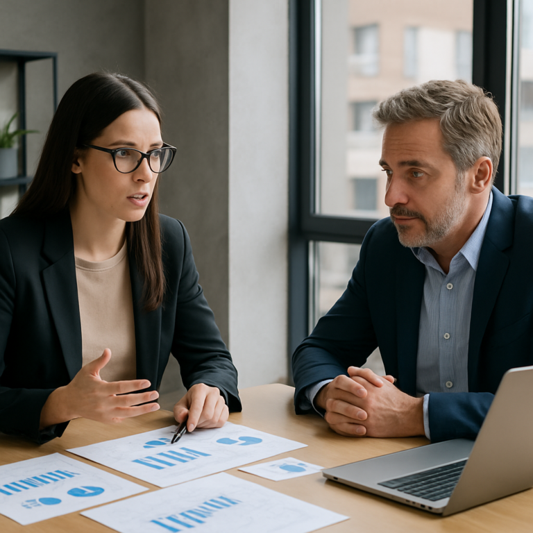 Consultant marketing digital avec dirigeant de PME en séance de stratégie
