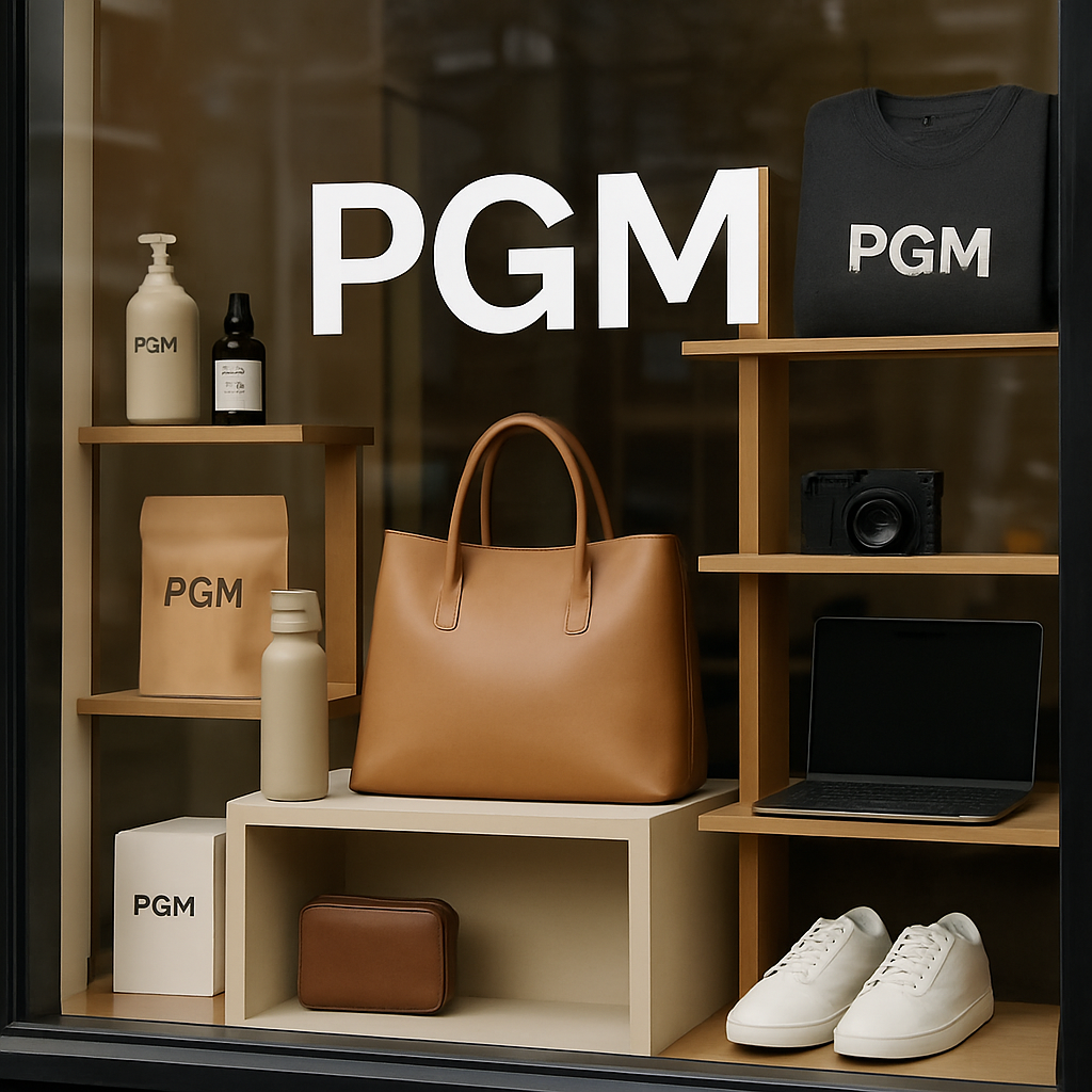 Vitrine montrant plusieurs produits différents sous la même marque ombrelle