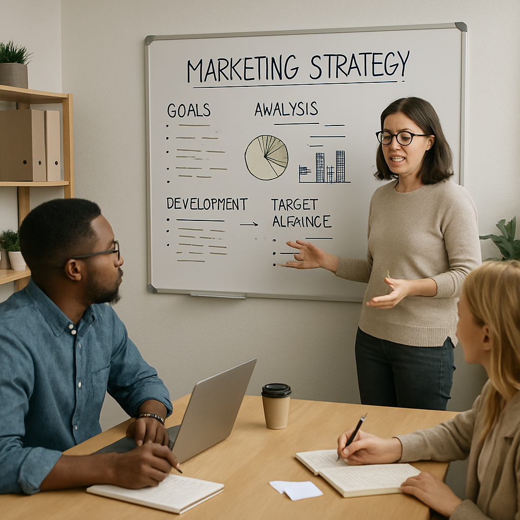 Réunion de stratégie marketing avec objectifs clairs notés sur tableau blanc