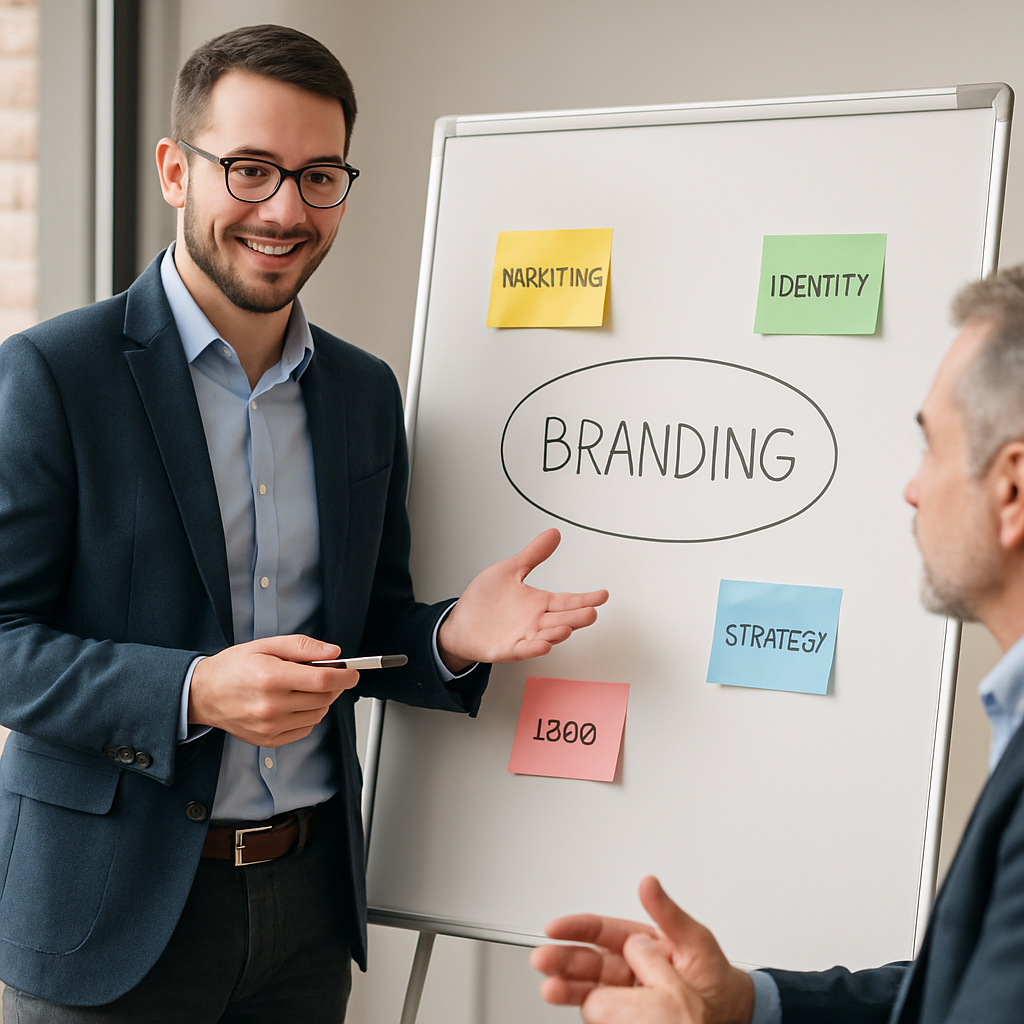 Consultant marketing expliquant une stratégie de notoriété à un dirigeant de PME