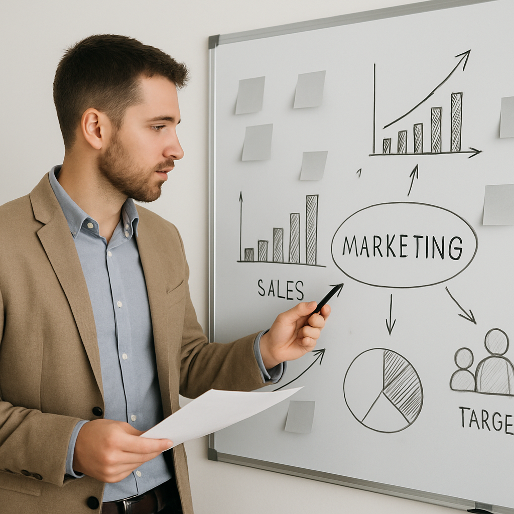 Consultant marketing préparant une stratégie de notoriété pour une PME