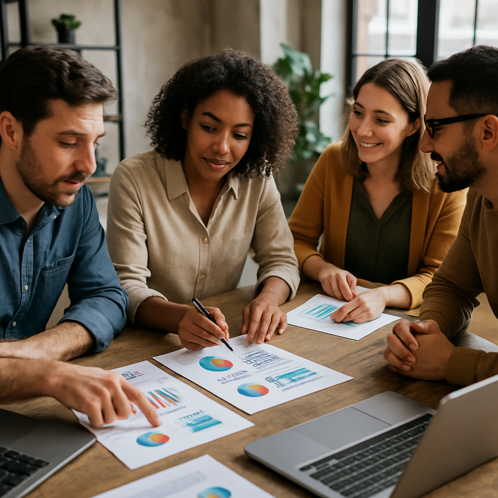 Réunion de dirigeants de PME discutant stratégie marketing avec documents imprimés
