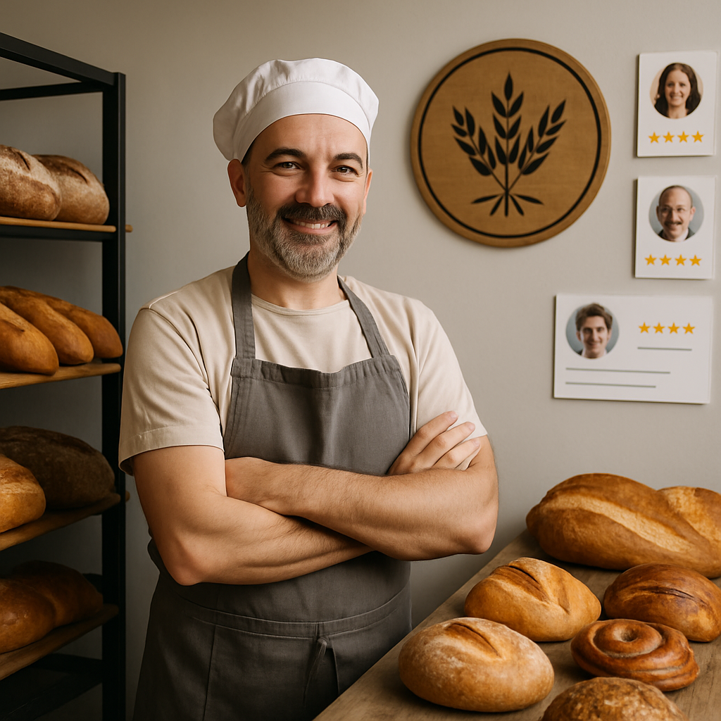 Artisan boulanger mettant en valeur son image de marque par logo et avis clients