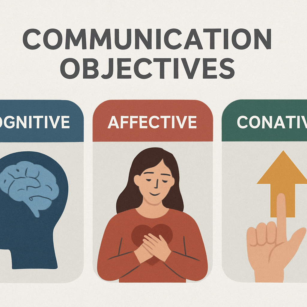 Illustration des objectifs de communication : cognitif, affectif et conatif