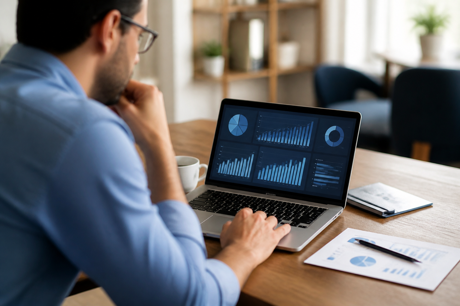 Dirigeant de PME analysant une stratégie de marketing digital sur un ordinateur portable
