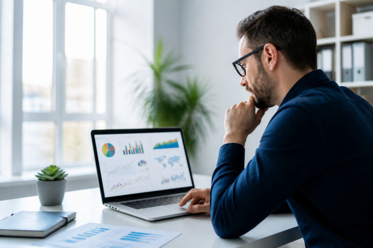 Consultant en audit SEO analysant des données sur ordinateur
