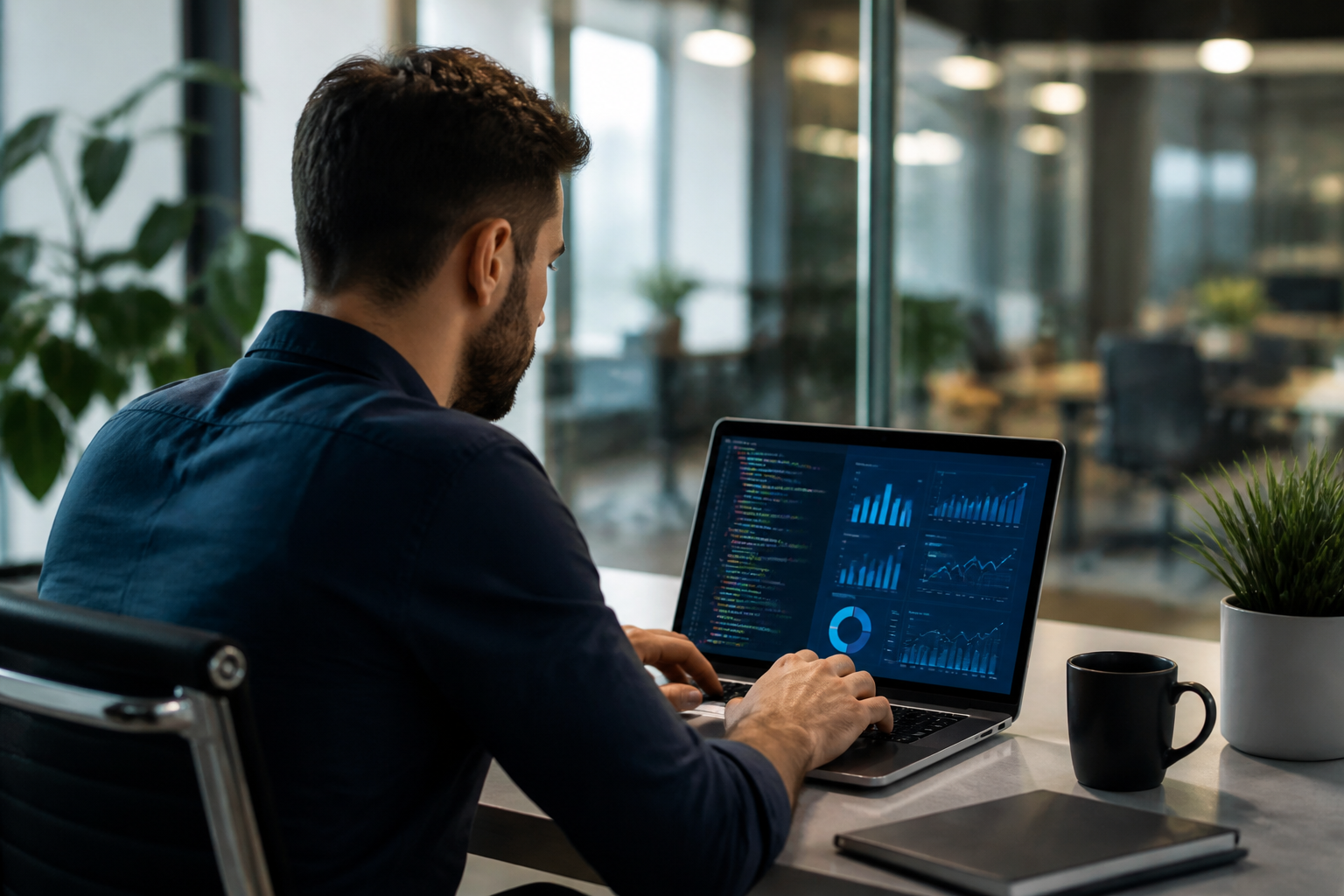 Consultant réalisant un audit SEO technique sur ordinateur portable dans un bureau moderne