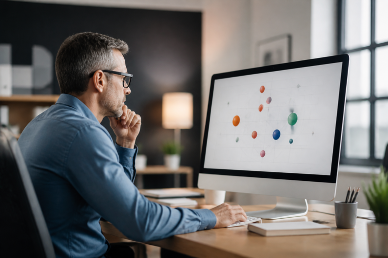 Dirigeant de PME examinant un mapping concurrentiel digital sur son écran