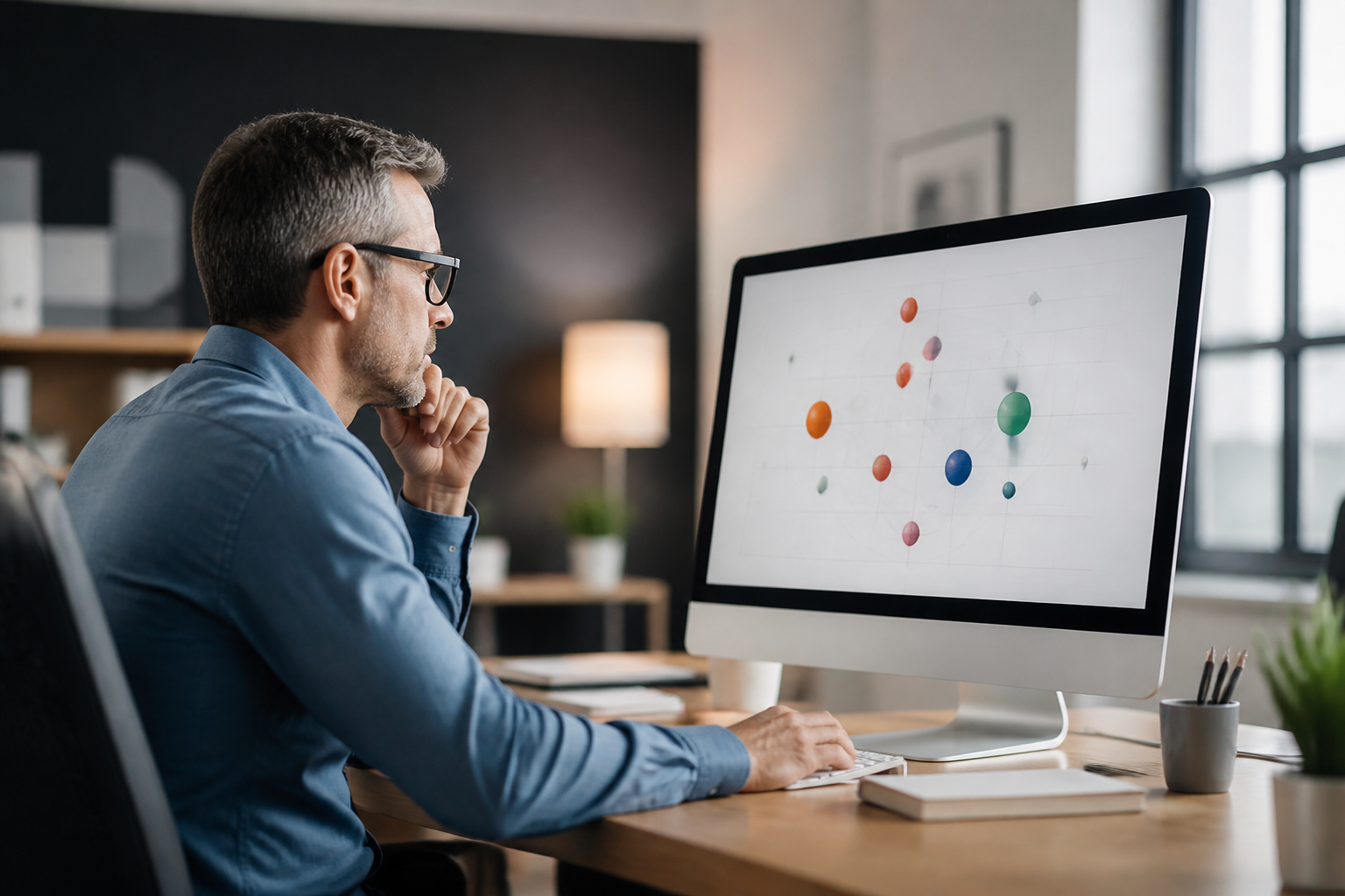 Dirigeant de PME examinant un mapping concurrentiel digital sur son écran