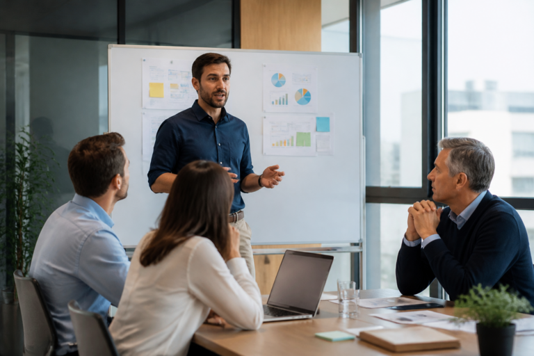 Consultant marketing en réunion avec dirigeants PME discutant d'un plan de communication interne