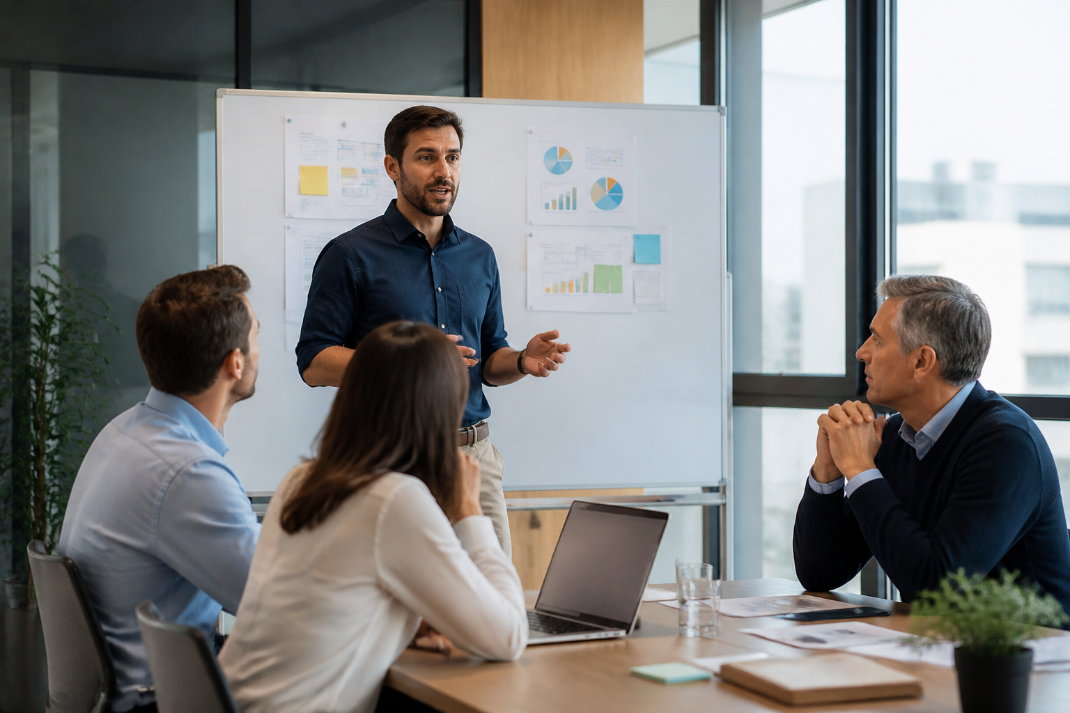 Consultant marketing en réunion avec dirigeants PME discutant d'un plan de communication interne