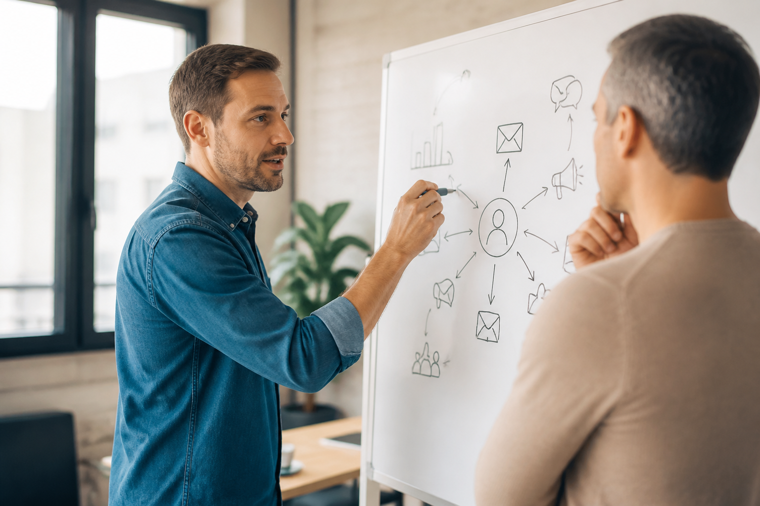Consultant marketing et dirigeant de PME élaborant un plan de communication sur tableau blanc