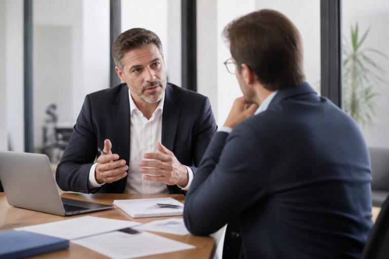 Consultant marketing en stratégie discutant avec un dirigeant de PME