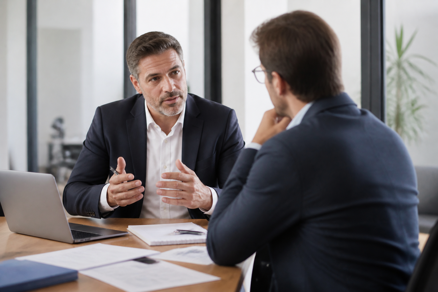 Consultant marketing en stratégie discutant avec un dirigeant de PME