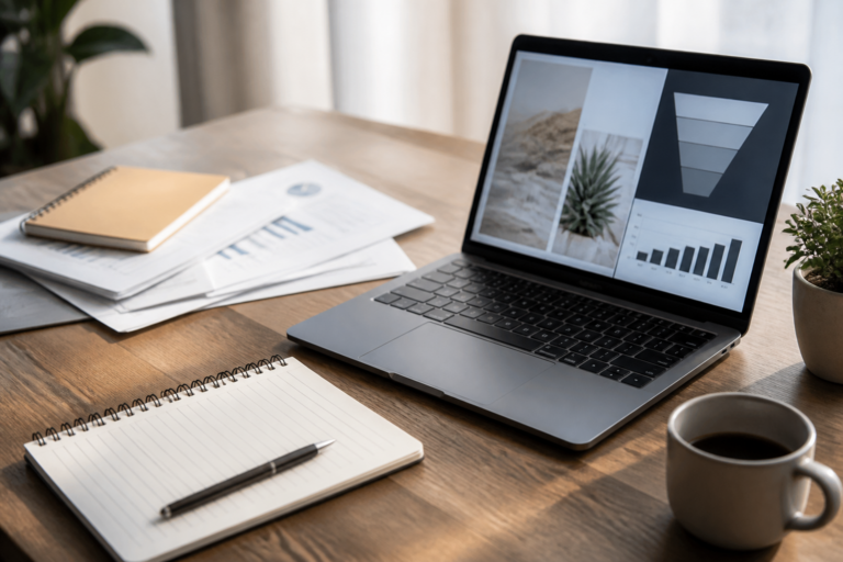 Ordinateur portable affichant un plan d'actions marketing sur un bureau en bois avec des notes et une tasse de café