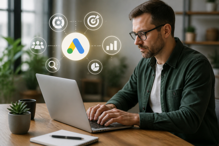 Propriétaire de petite entreprise utilisant Google Ads sur un ordinateur portable