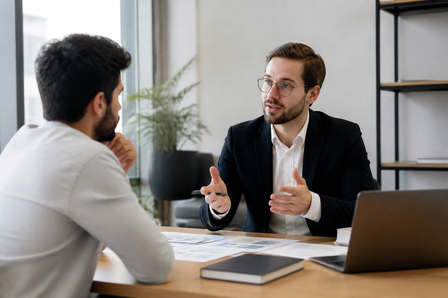 Consultant marketing expliquant le marketing digital à un entrepreneur