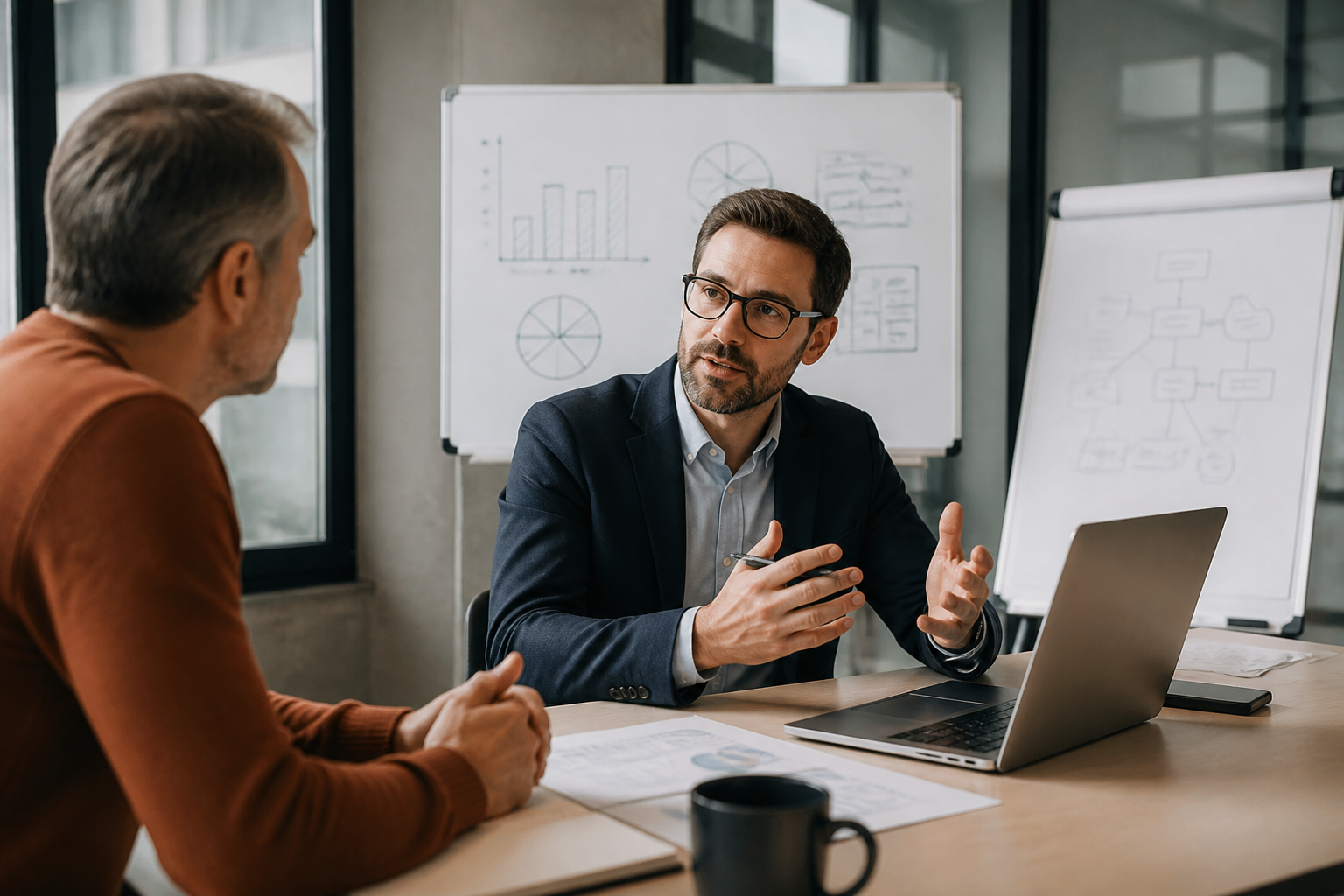 Consultant marketing en réunion stratégique avec dirigeant PME
