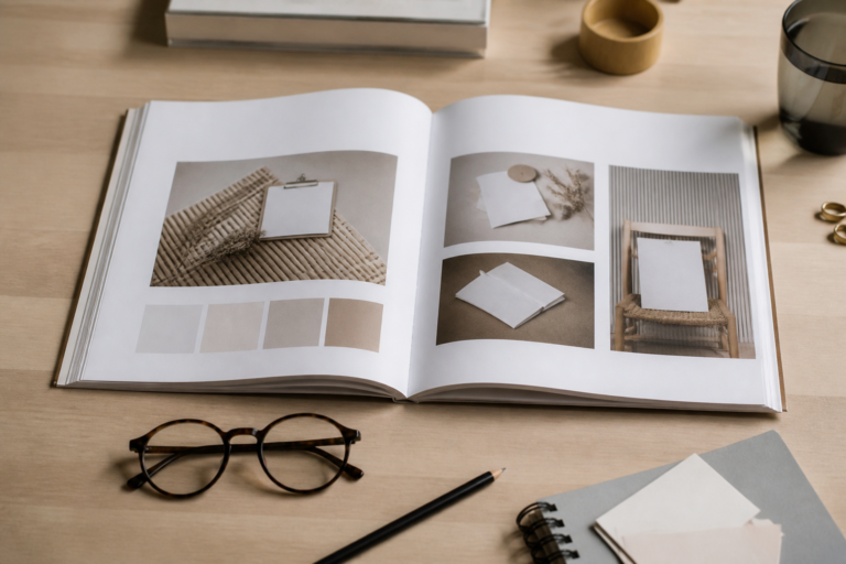Livre sur le branding ouvert sur un bureau avec des lunettes et des notes