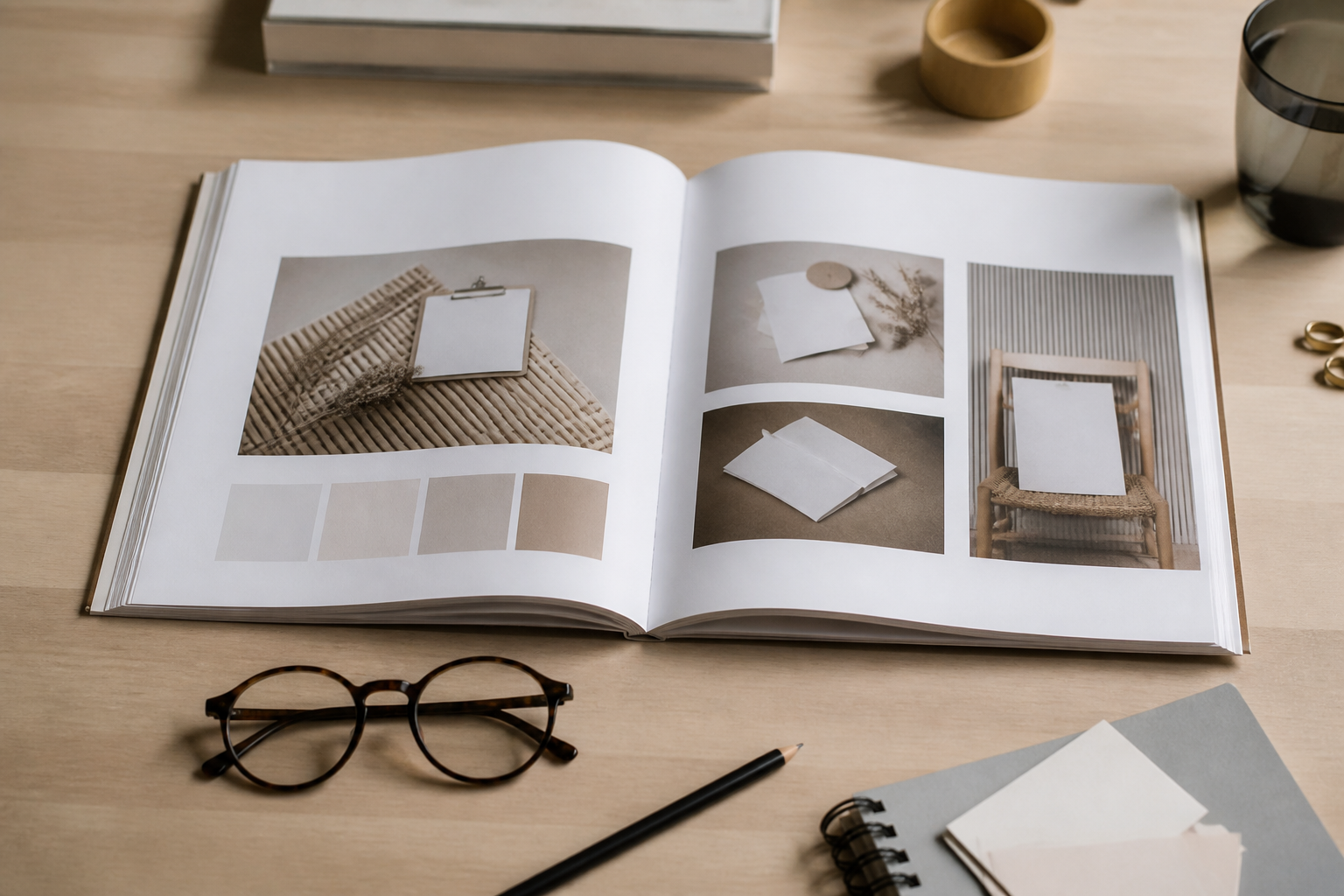 Livre sur le branding ouvert sur un bureau avec des lunettes et des notes