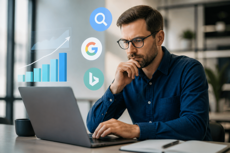 Consultant marketing digital réalisant une stratégie SEO