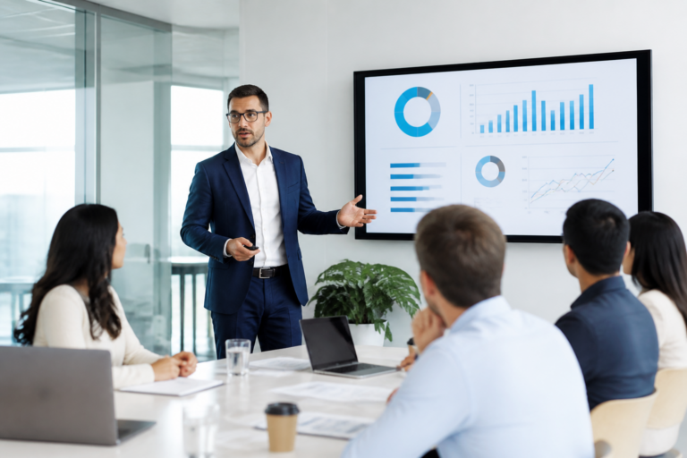 Consultant marketing présentant un plan d'action marketing en réunion