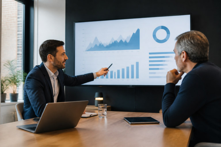 Consultant marketing présentant un rapport SEO à un dirigeant de PME