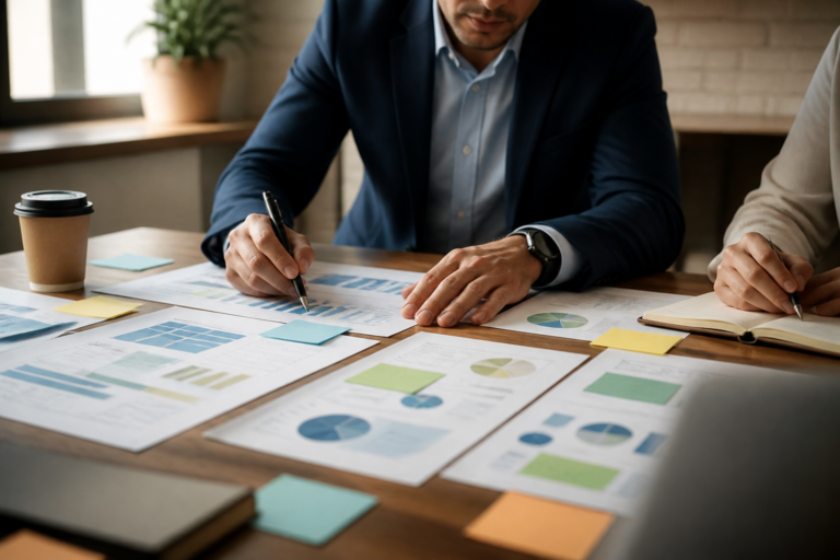 Consultant marketing en réunion définissant une stratégie d'entreprise