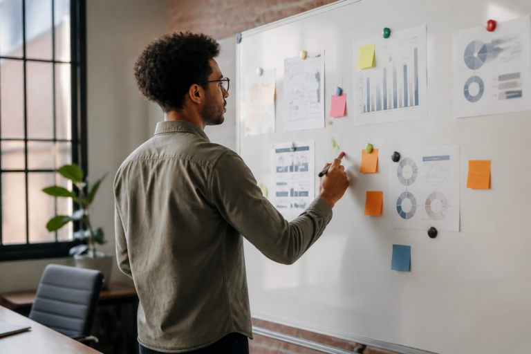 Entrepreneur préparant une stratégie de communication sur tableau blanc