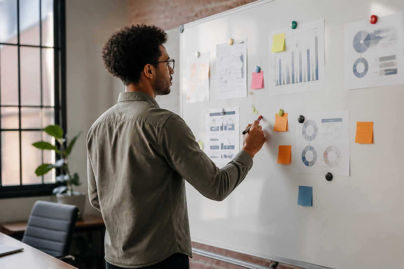 Entrepreneur préparant une stratégie de communication sur tableau blanc
