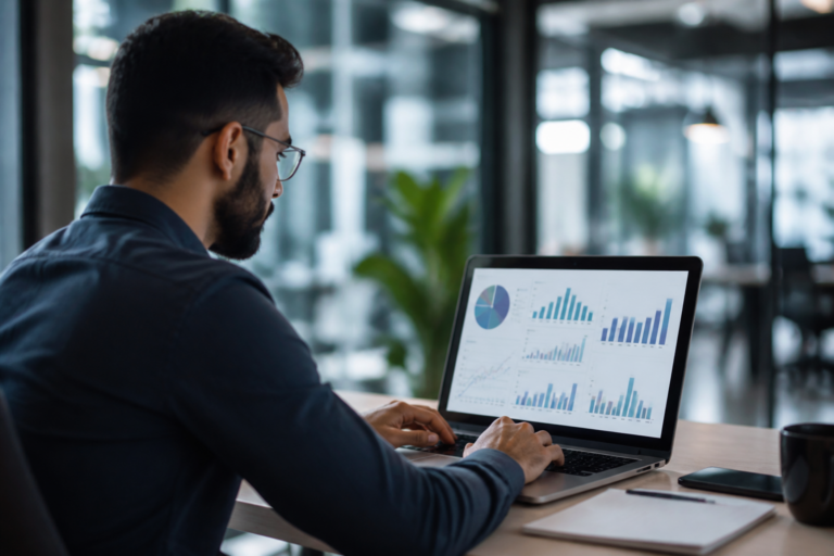 Consultant SEO analysant des graphiques et des stratégies SEO sur son ordinateur portable
