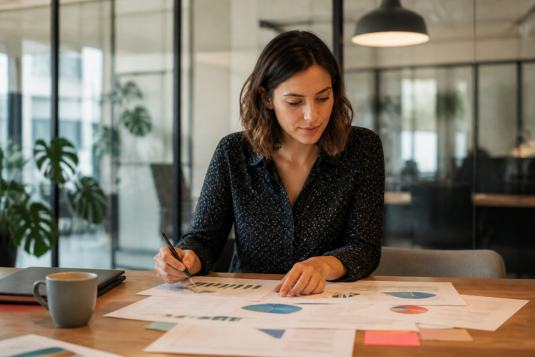 Propriétaire de petite entreprise planifiant un projet digital avec des notes et graphiques
