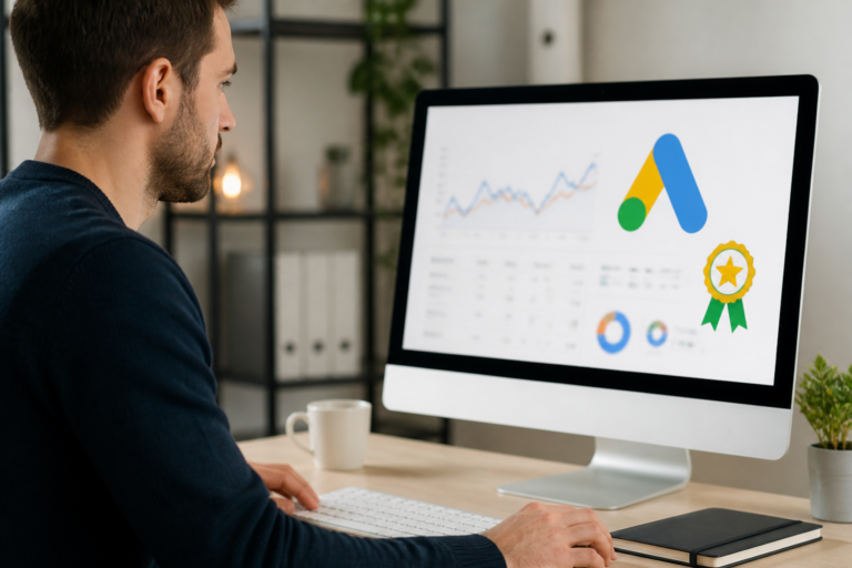 Consultant marketing obtenant la certification Google Ads sur ordinateur