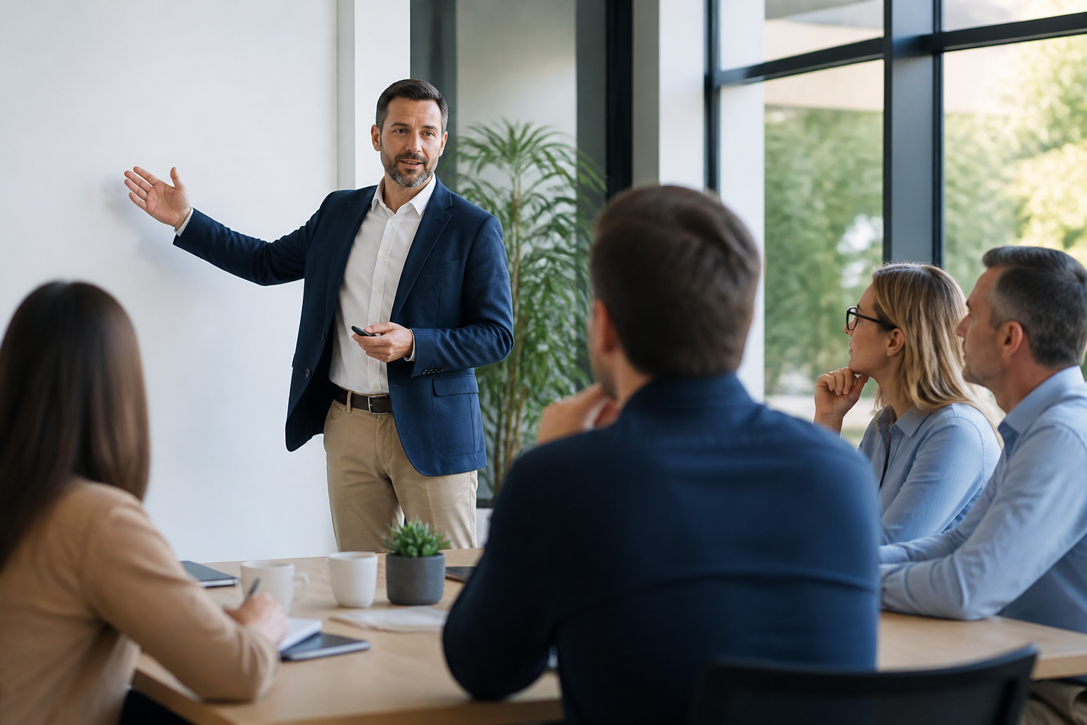 Consultant marketing présentant un plan de communication projet à des dirigeants de PME