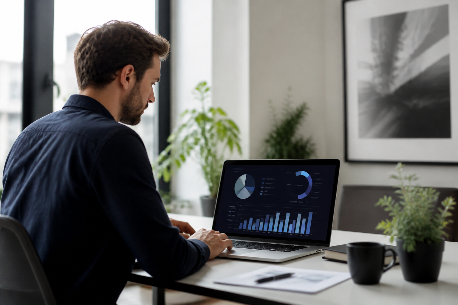 Consultant marketing en train d'élaborer une stratégie digitale sur son ordinateur
