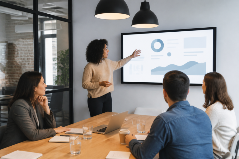 Réunion d'équipe en PME sur un plan de communication interne