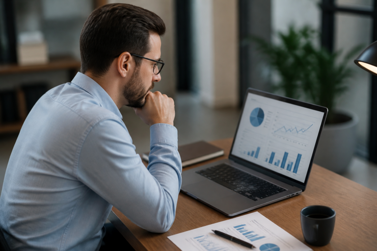 Consultant marketing analysant un rapport SEO sur ordinateur