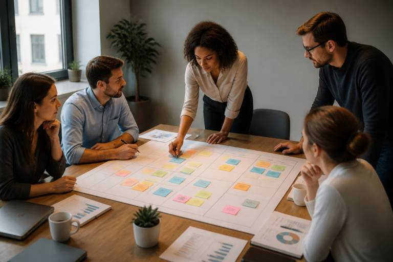 Tableau de plan de communication marketing digital structuré avec objectifs, cibles, messages, canaux et indicateurs