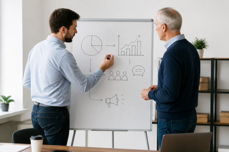 Consultant marketing expliquant une stratégie de communication à un dirigeant de PME