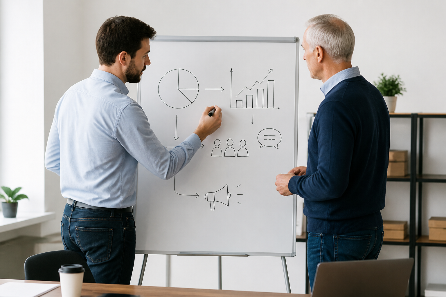Consultant marketing expliquant une stratégie de communication à un dirigeant de PME