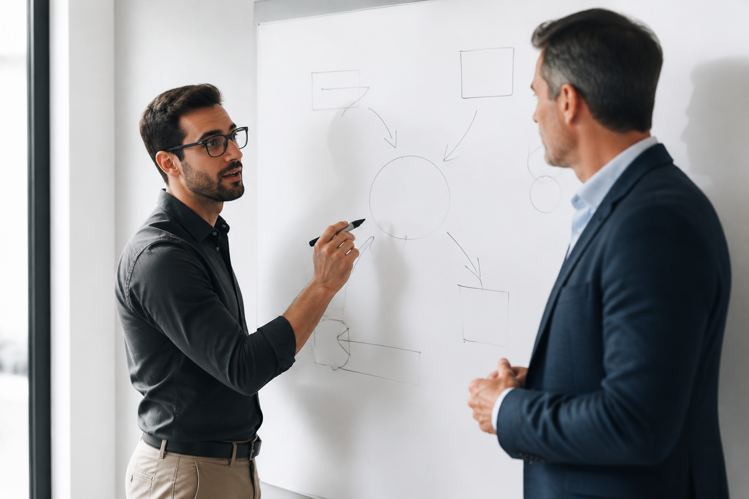 Consultant marketing expliquant une plateforme de marque à un dirigeant de PME