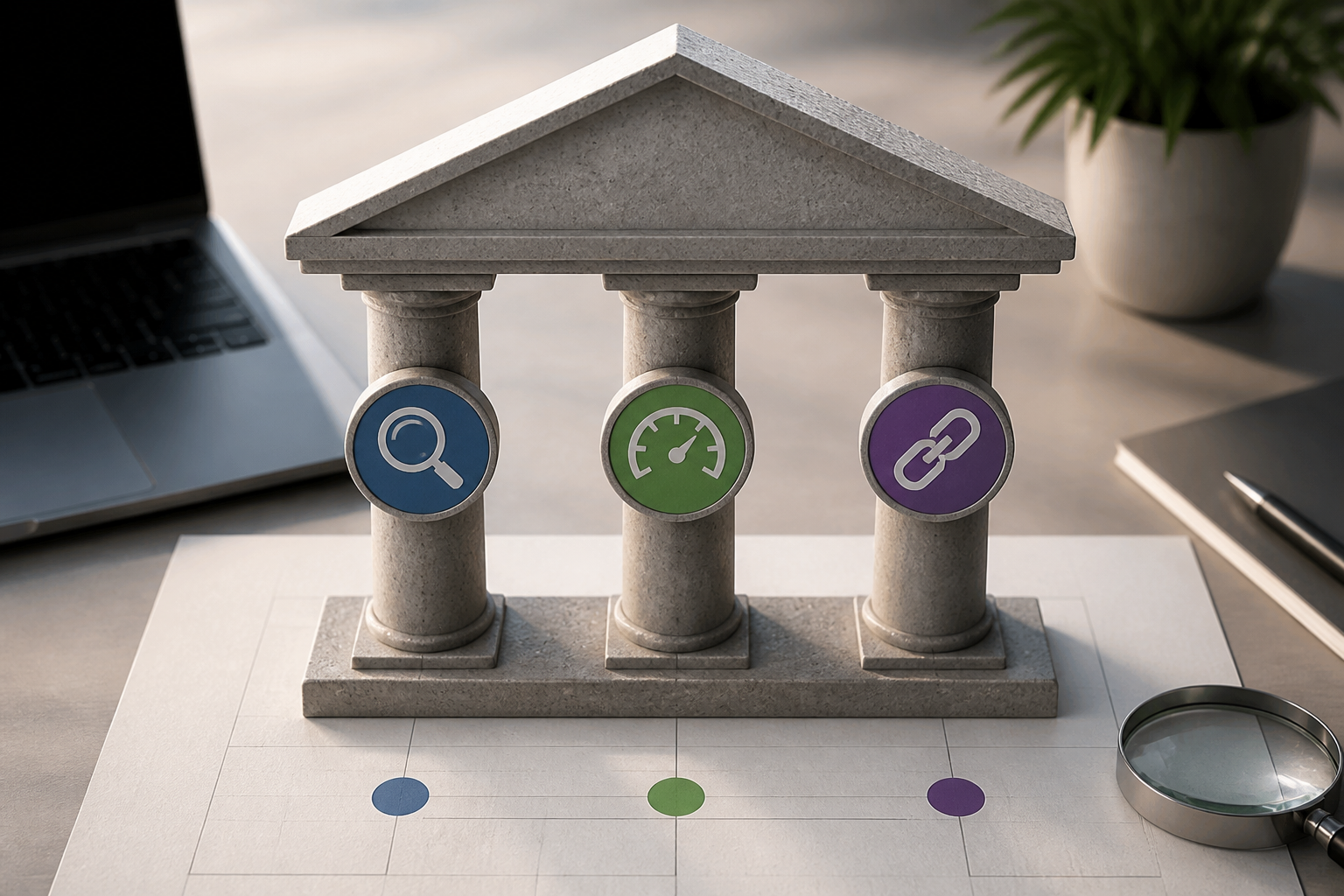 Schéma illustrant les piliers clés de l'audit technique SEO : indexation, vitesse, liens