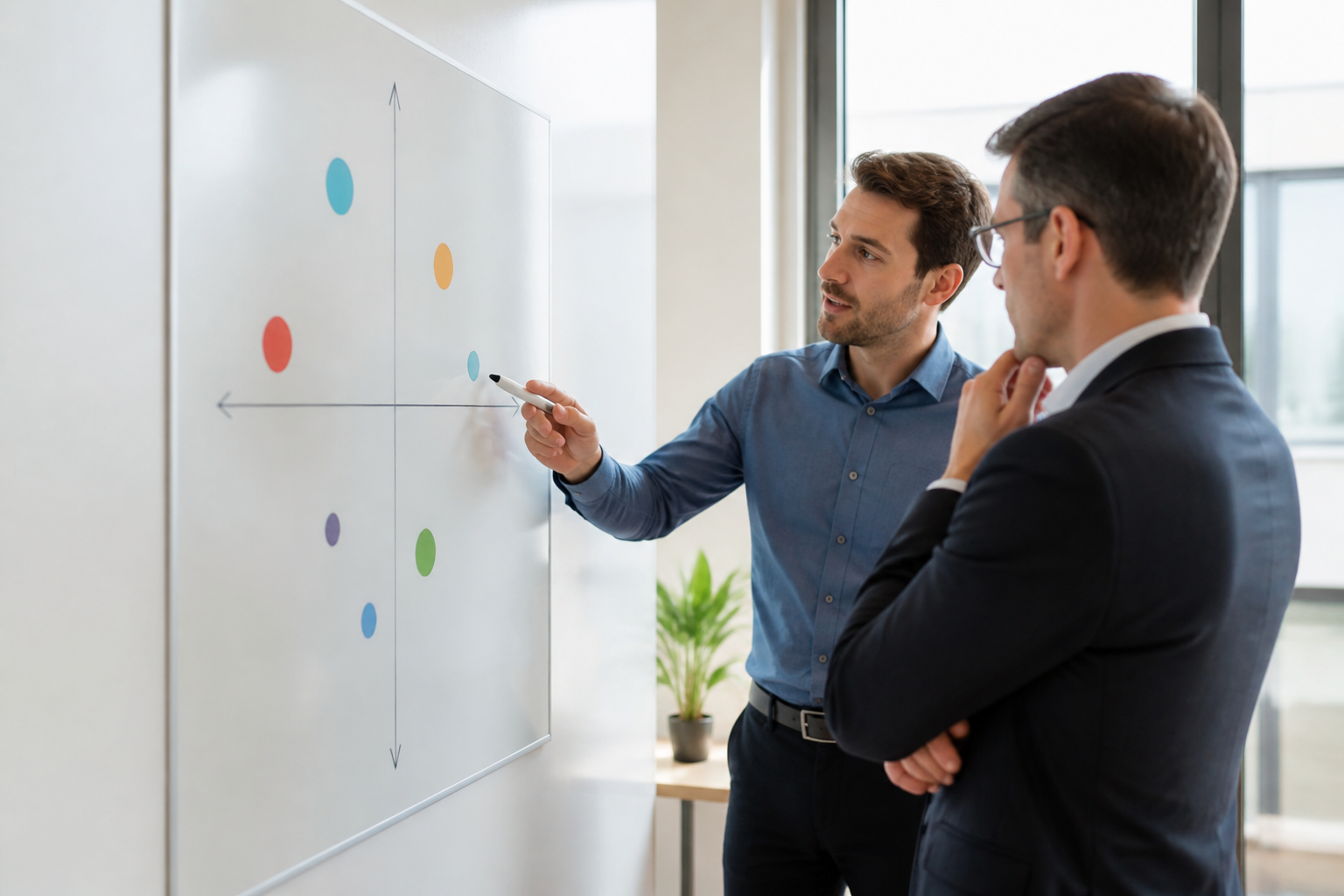 Consultant marketing stratégique présentant une carte perceptuelle à un dirigeant