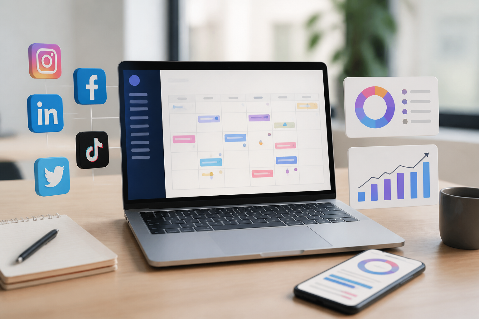 Plan de communication digital avec réseaux sociaux, calendrier et graphiques de performance