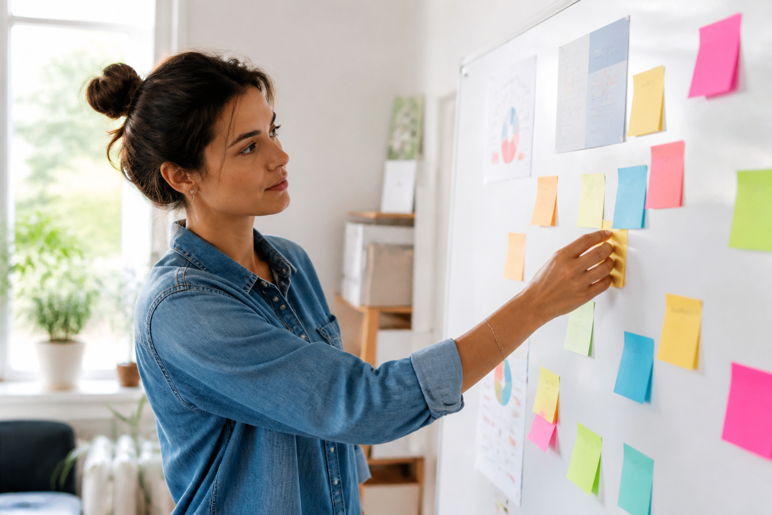 Dirigeant de petite entreprise planifiant sa stratégie marketing sur un tableau blanc avec des post-its colorés